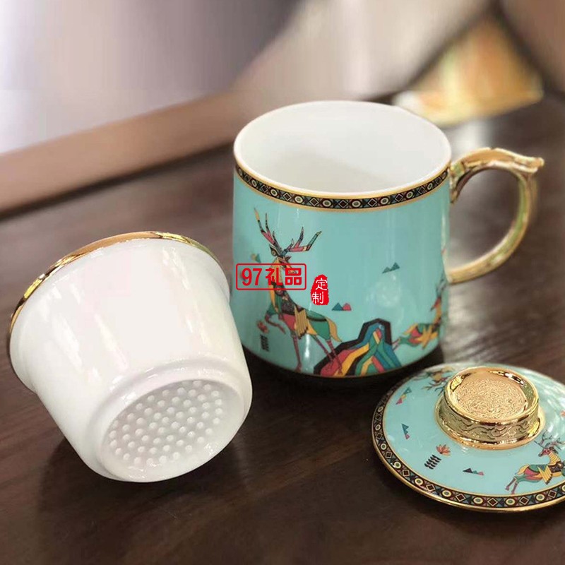 中秋琺瑯彩國(guó)潮描金帶過濾茶杯 景德鎮(zhèn)陶瓷