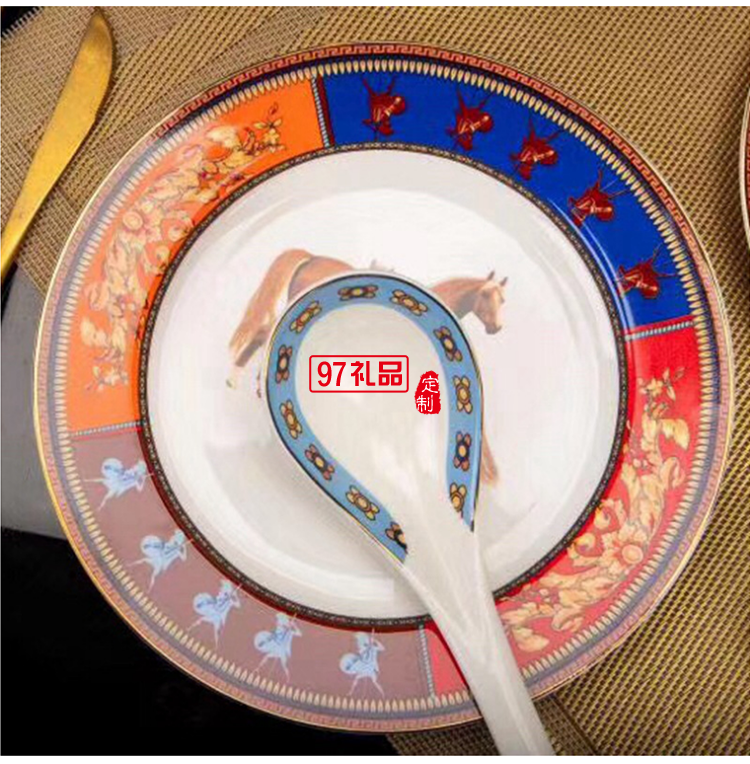 愛(ài)馬HERME白馬圖高檔骨瓷餐具28頭套裝禮盒碗盤碟瓷器歐式奢華