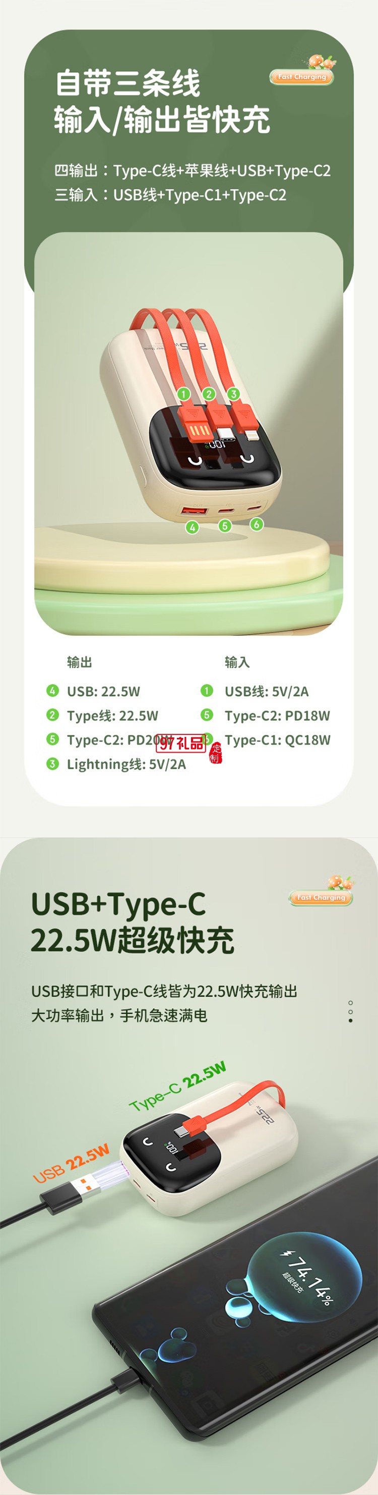快充充電寶【3C認(rèn)證可上飛機(jī)】10000毫安時(shí)大容量自帶線(xiàn)22.5WP